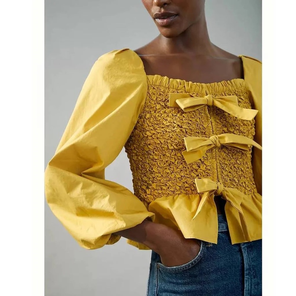 Anthropologie Tilly Smocked Bow-Tie Blouse XS